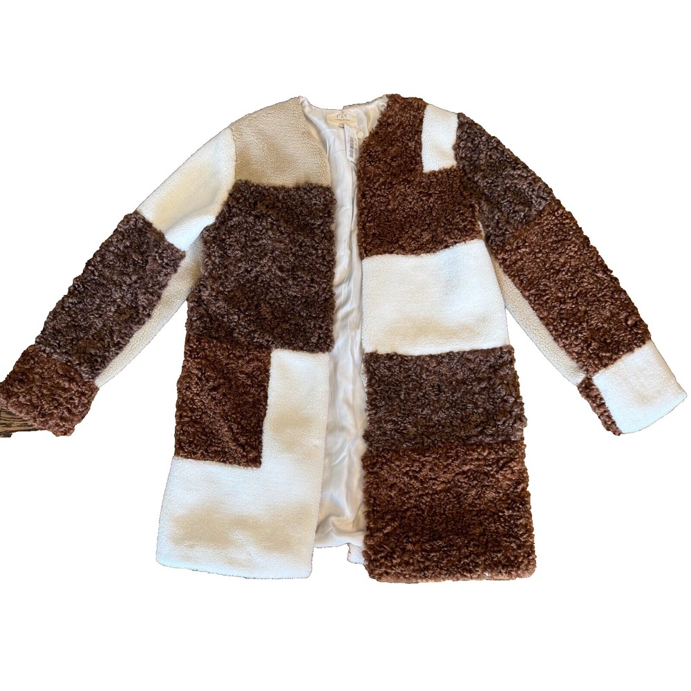 Chelsea & Violet Womens SM Open‎ Front Long Coat Sherpa Patchwork Faux Fur City
